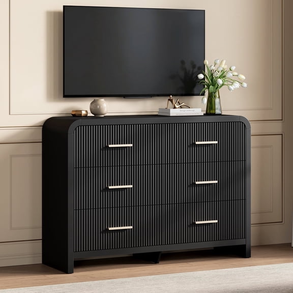 HUJAUU Fluted 6-Drawer Dresser for Bedroom, Modern Wood Chest of Drawers with Curved Corner & Gold Handles, Ample Storage Cabinet for Living Room, Hallway, Black
