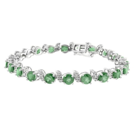 - 10.34 ct.t.w.5MM Round Shaped Genuine Emerald and Diamond Bracelet 14Kt White Gold