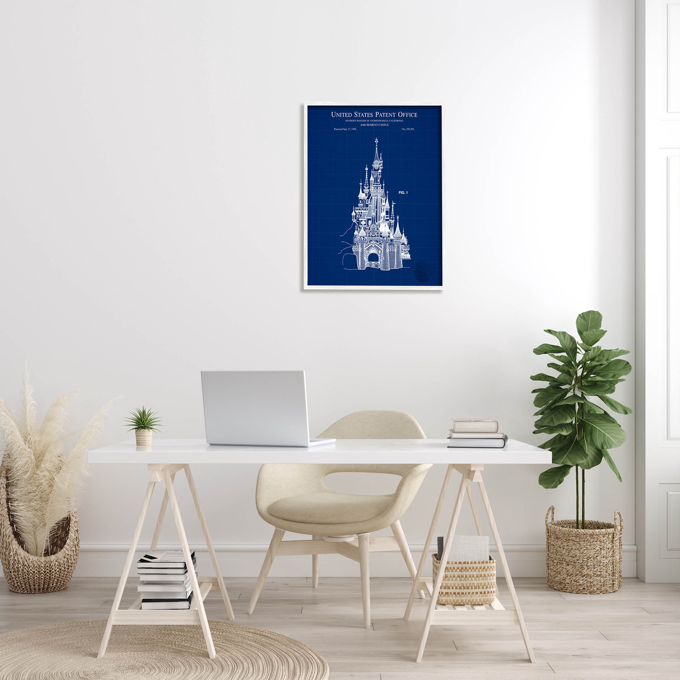 Stupell Industries Amusement Castle Blueprint Graphic Art White Framed Art Print Wall Art, Design by Karl Hronek