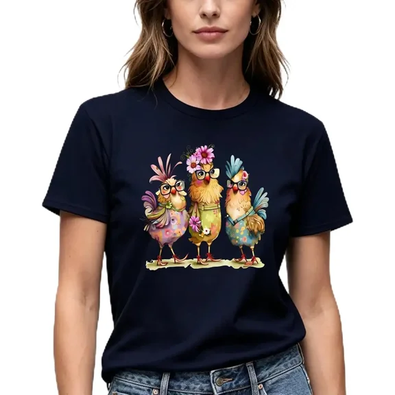 Funny Chicken T-Shirt for Women, White Graphic Tee with Cute Hens in Glasses, Colorful Novelty Print