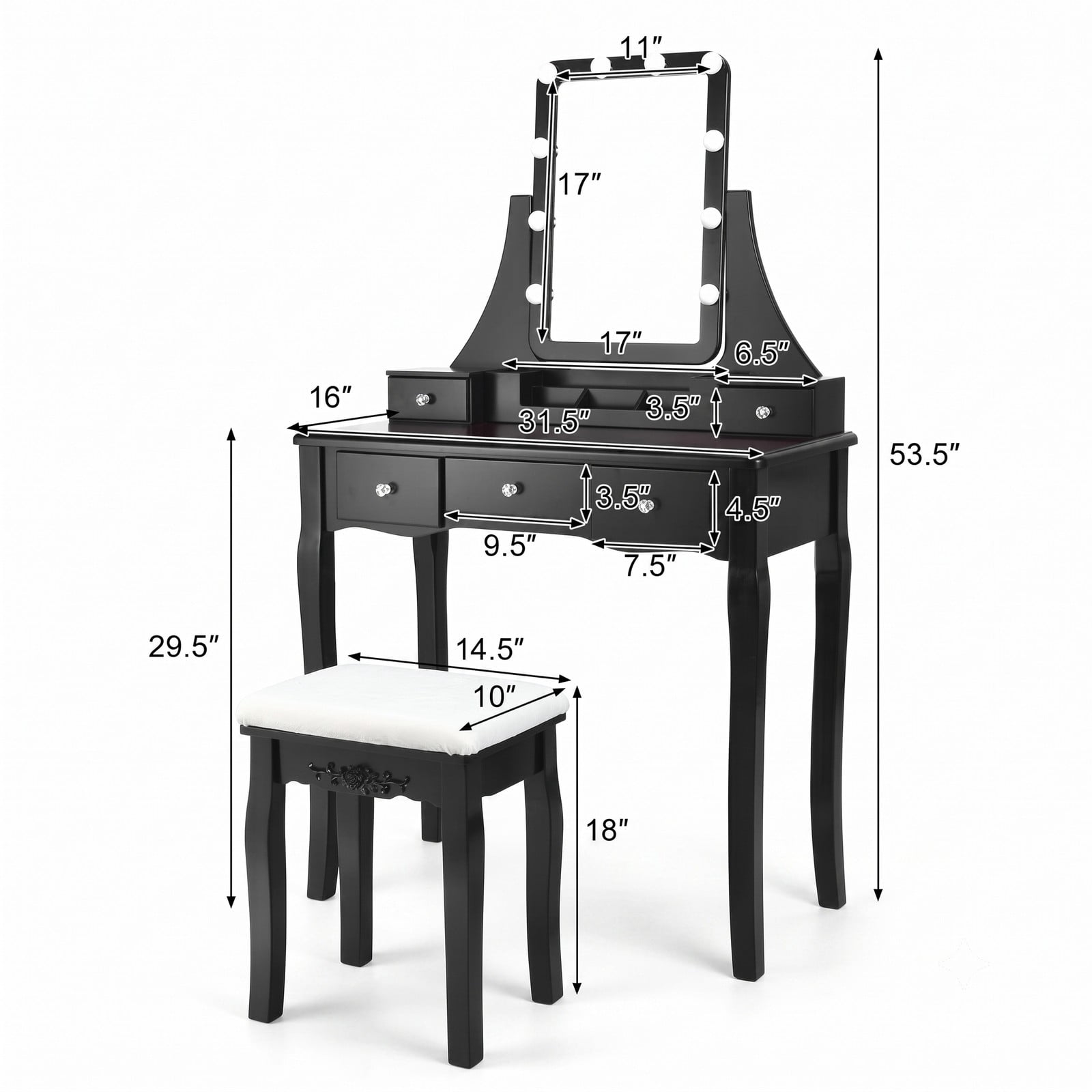Furnibear Vanity Dressing Table with 10 Dimmable Light Bulbs and Cushioned Stool, Makeup Vanity Desk with 5 Drawers and Rotating Mirror, Black