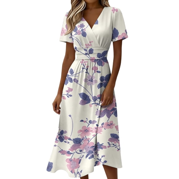 Womens Summer DressesShort Sleeve Wrap V-Neck Modest Dresses Casual Loose A-Line Knee Length Swing Dress