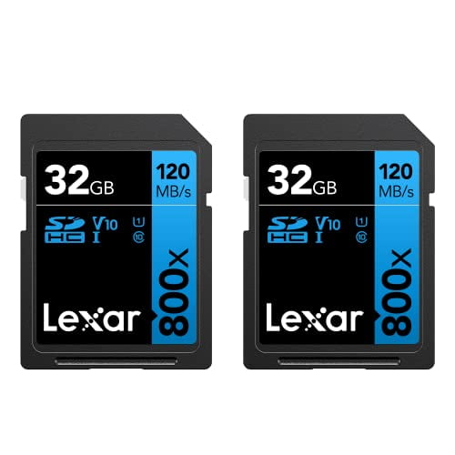 Lexar Cartes SDXC UHS-I Haute Performance 800x 32 Go (Lot de 2), jusqu'à 120MB/s en Lecture, pour Appareils Photo Point-and-Shoot, DSLR de Milieu de Gamme, Caméscope HD (LSD0800032G-B2NNU)