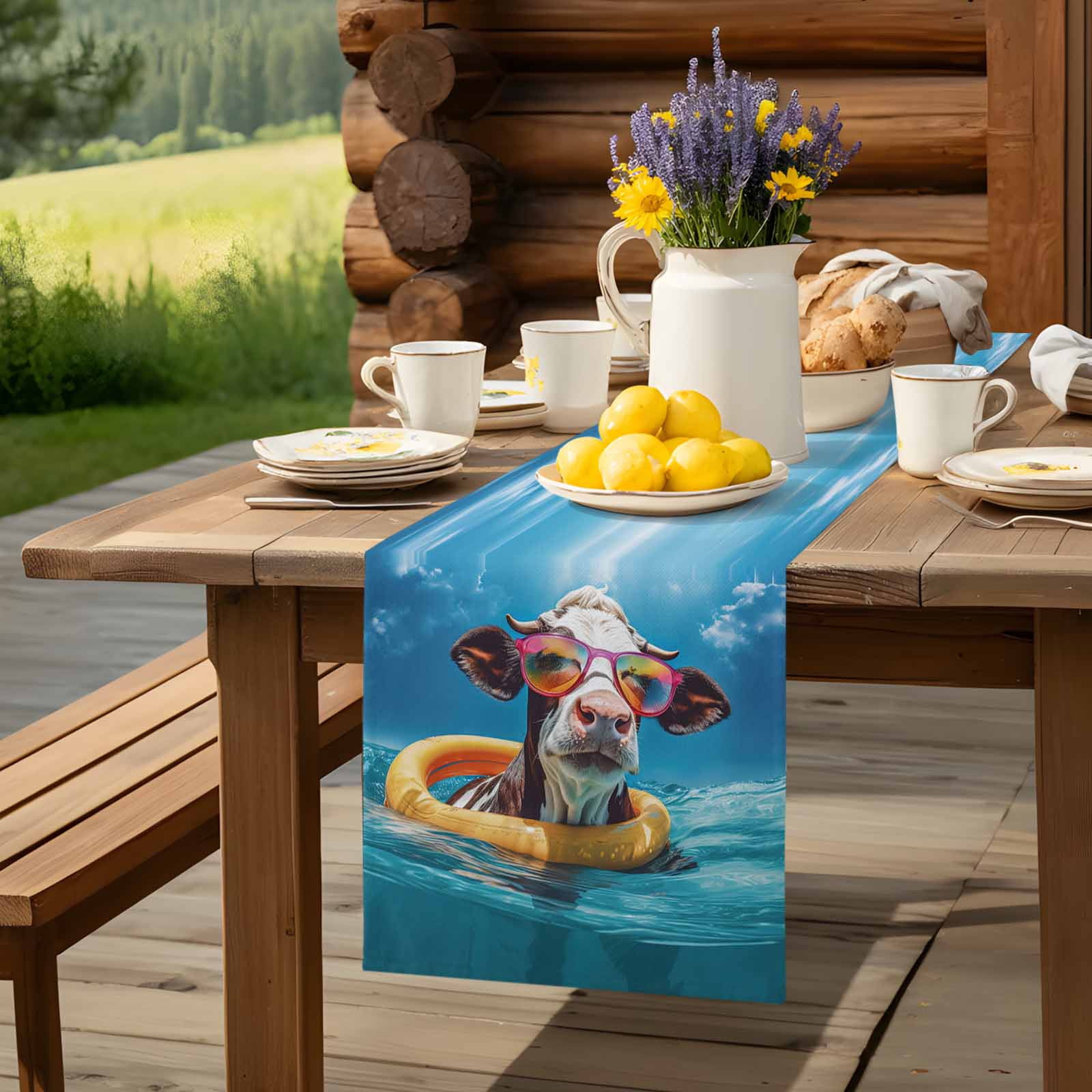 Sea Cow with Swimming Ring Sunglasses Table Runner 90 Inches Long, Summer Blue Sky Table Runners Tabletop Scarf Kitchen Dining Tables Decoration for Home Party Indoor Outdoor