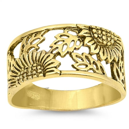CHOOSE YOUR COLOR Sterling Silver Gold-Tone Sunflower Ring Filigree Flower Leaf Band