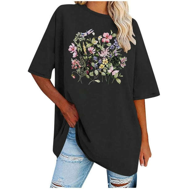 Fiudx Camisas para Mujer Blusa Informal de Manga Corta con Estampado de Cuello Redondo para Mujer