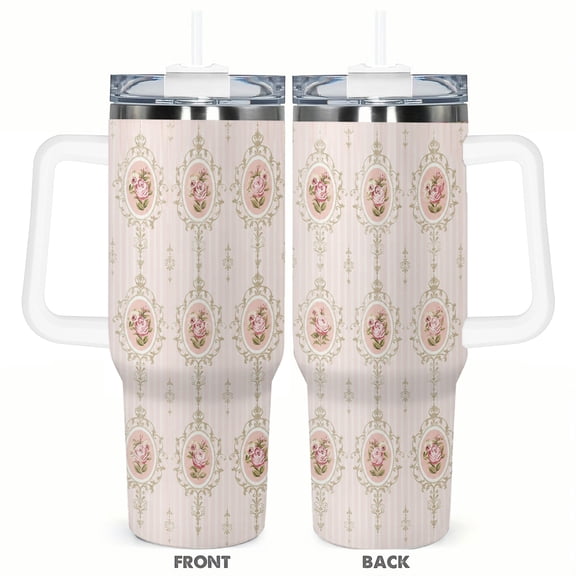 40oz Vintage Pink Rose Insulated Tumbler with Handle and Straw Elegant Floral Travel Coffee Cup Gift