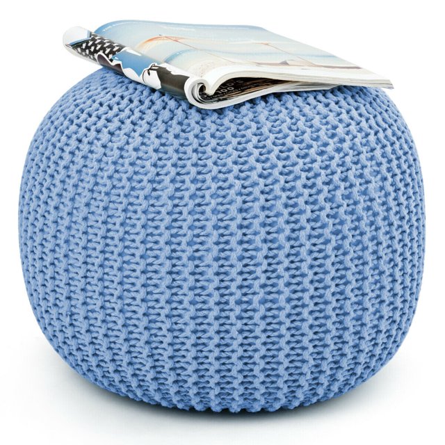 Gymax Pure Cotton Pouf Floor Ottoman Hand Knitted Footrest Cable Style Home Blue