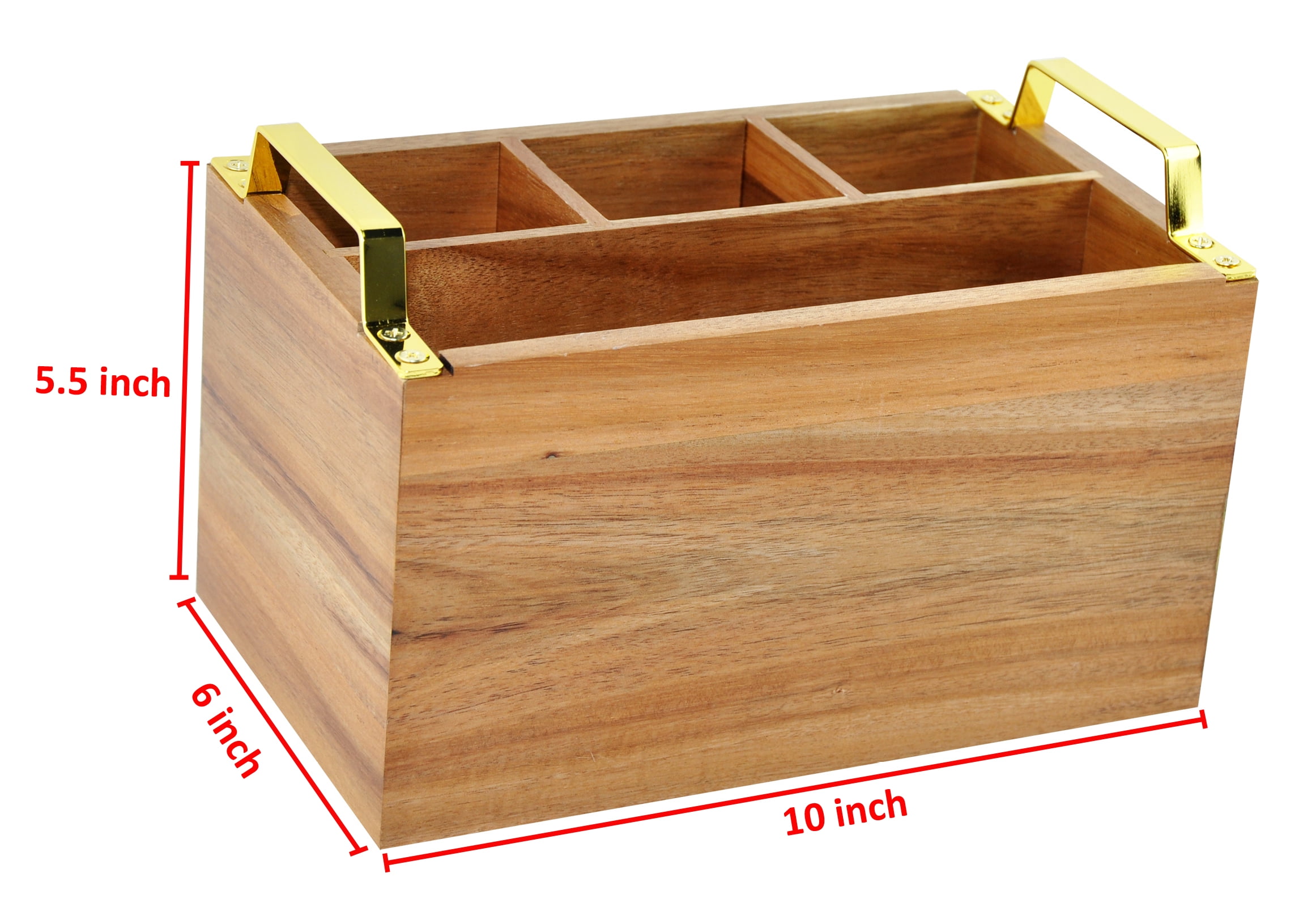 DUCIHBA Cutlery Flatware Caddy - 3 Part Utensil Holder - Metal Handle for Kitchen Counter - Wood, Brown - 10" W x 6" D x 6.5" H
