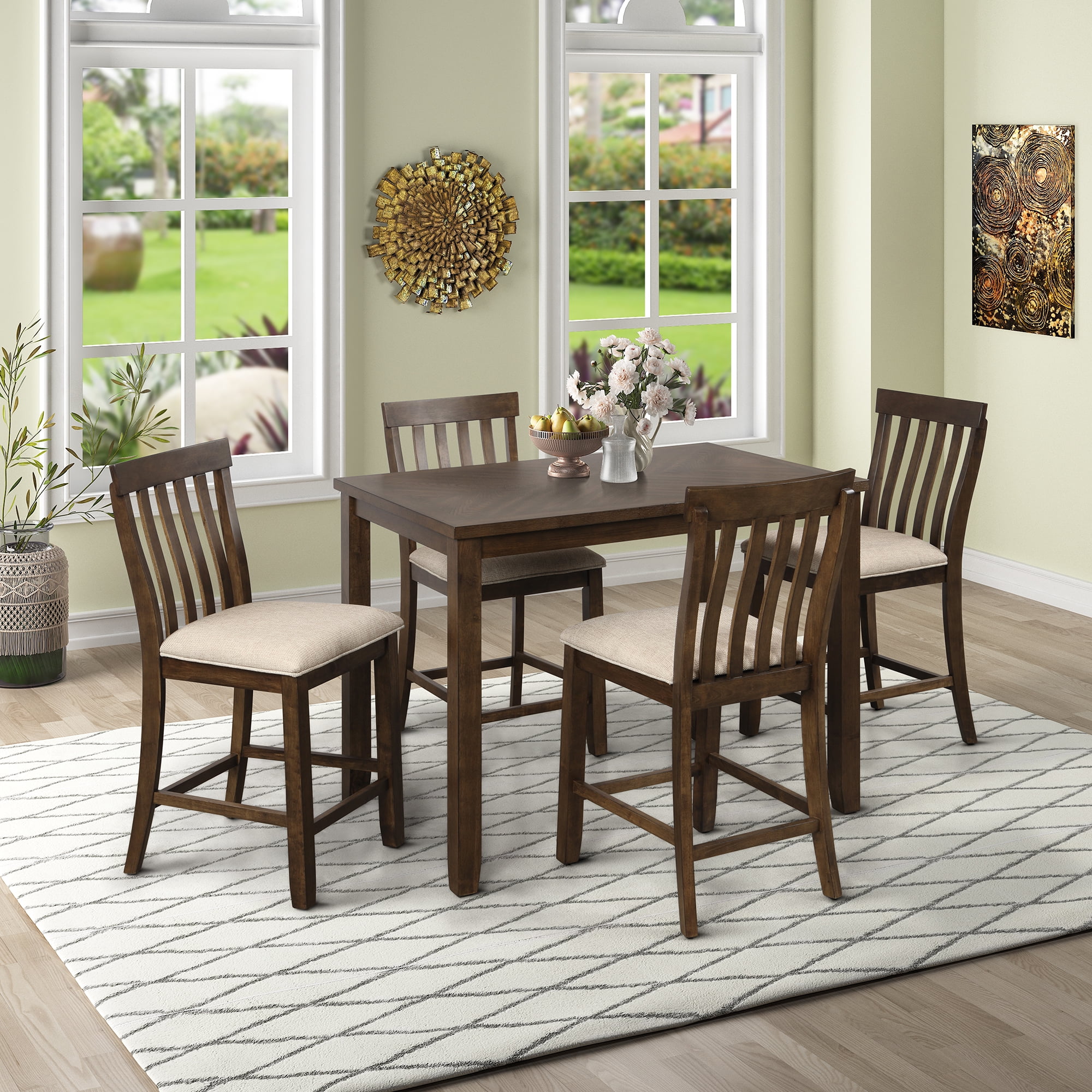 enyopro 5 Piece Wooden Dining Table Set, Counter Height Dining Set Table and 4 Chairs, Home 