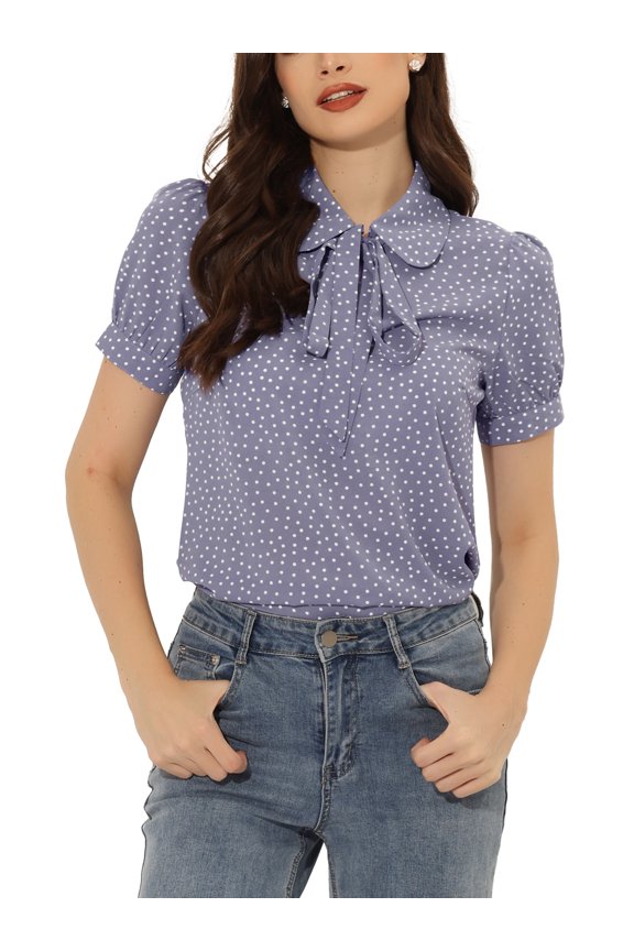 Women's Polka Dots Tie Bow Peter Pan Collar Chiffon Blouse L Light Purple