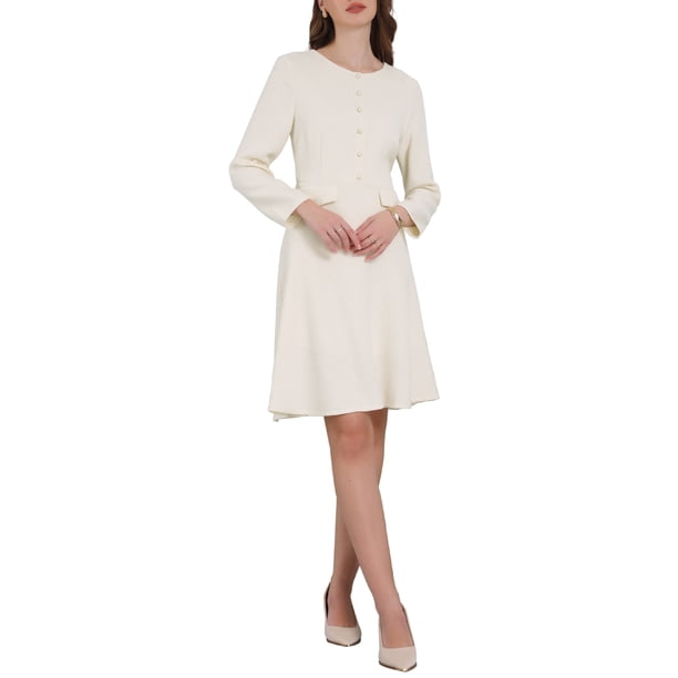Vestido de tweed A-Line para mujer INSPIRE CHIC, de manga larga, vintage, con vuelo, 2XL, beige