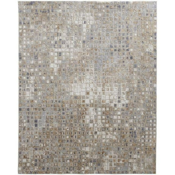 HomeRoots 514125 10 x 13 ft. Tan Ivory & Blue Geometric Power Loom Distressed Rectangle Area Rug