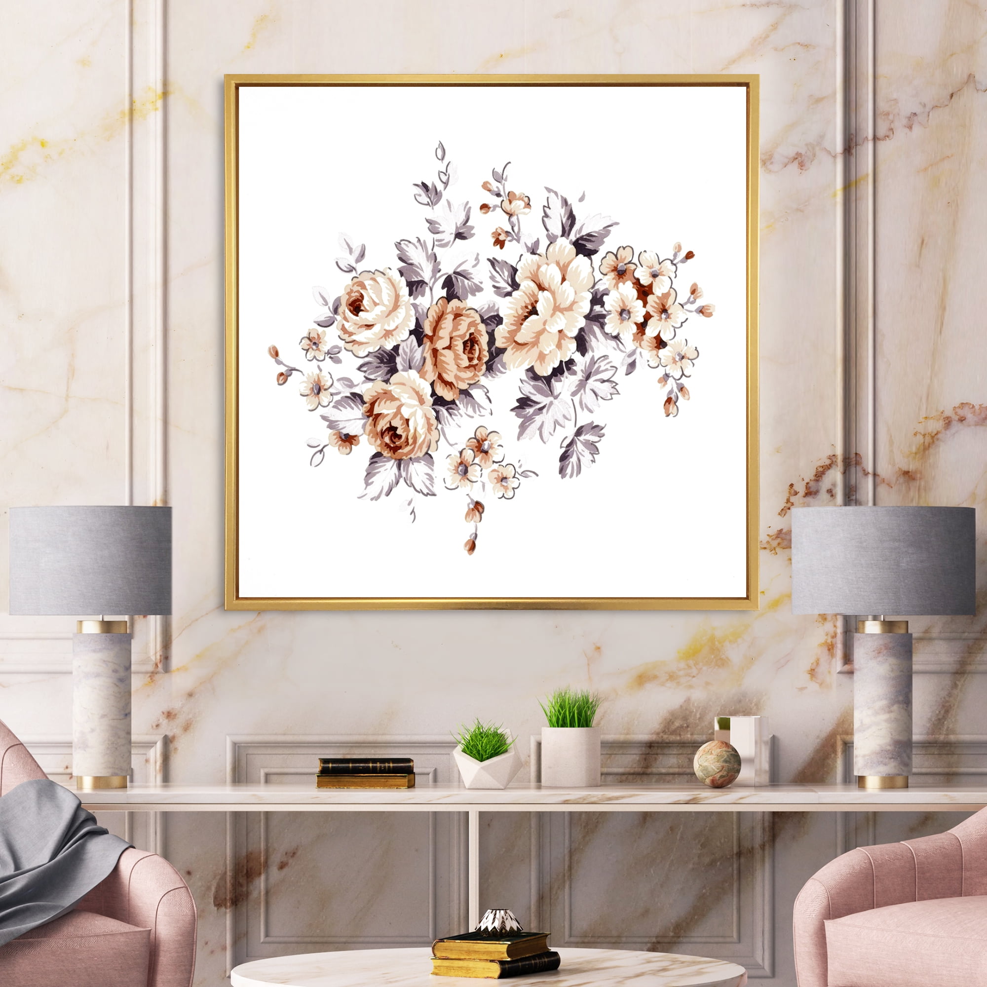 Pink Wild Roses With Monochrome Leaves 36 in x 36 in Framed Painting Canvas Art Print, by Designart