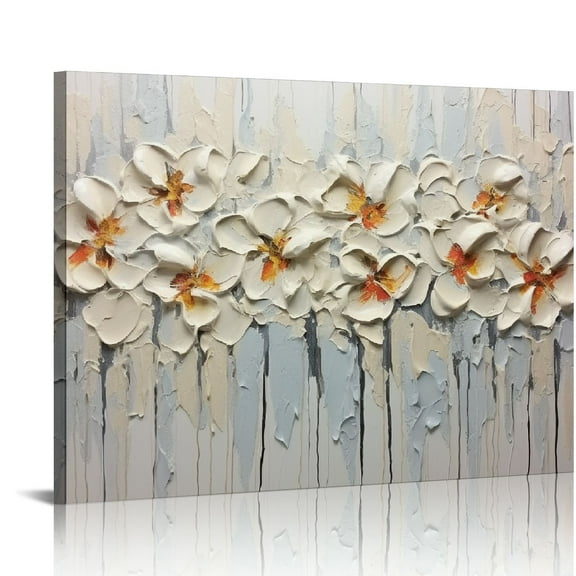 JEUXUS Paintings - 20x16in 3D White Flowers Paintings Modern Abstract Textured Knife Platte Oil Painting Hand Painted On Canvas Abstract Artwork Picture Wall Decoration for living room