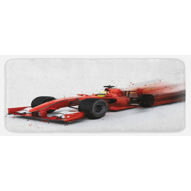 Cars Kitchen Mat, Generic Formula Racing Car Illustration with