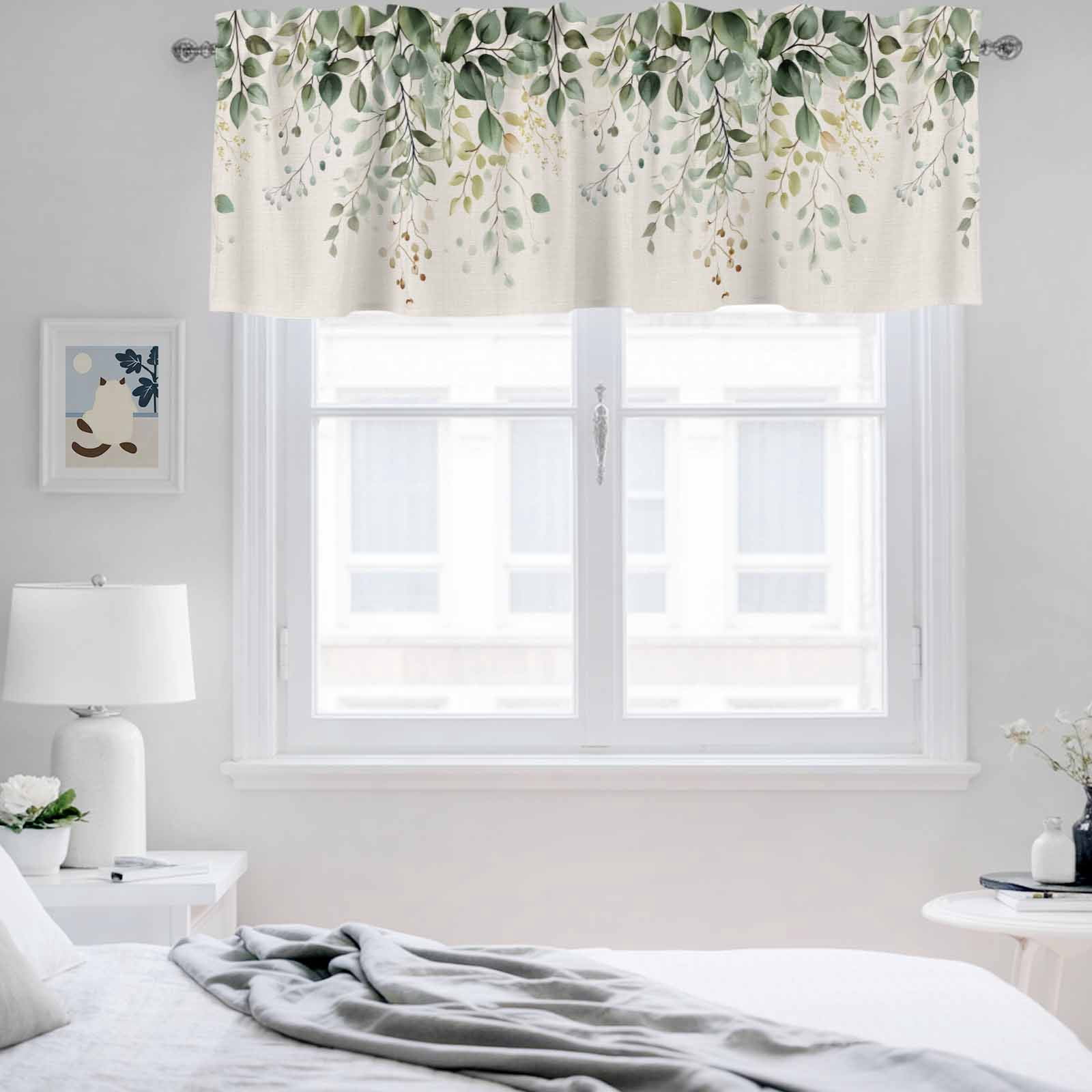 2 Pack Eucalyptus Leaf Valance for Window Country Plant Linen Texture Kitchen Valance Rod Pocket Short Curtain Topper Decorative Window Treatment for Living Room Bedroom 42"x18"