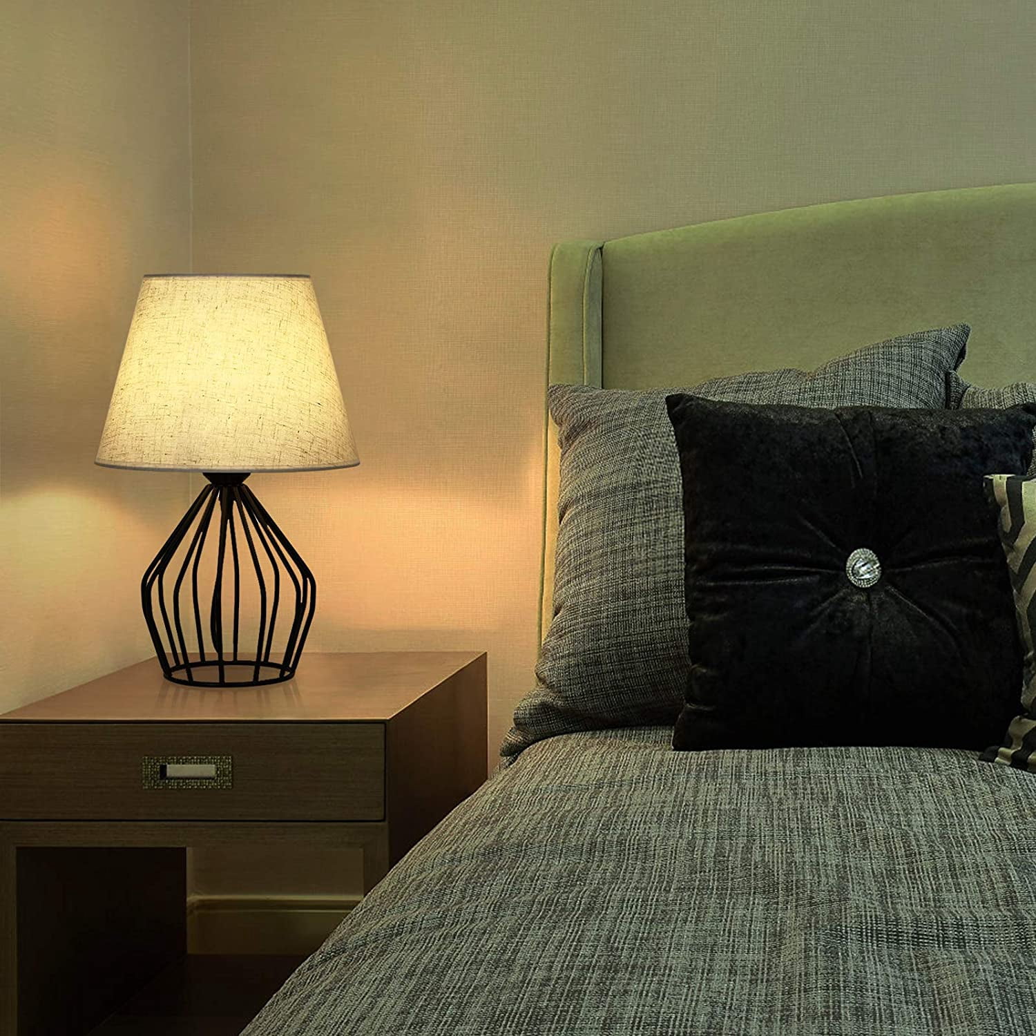 Oumilen Black Nightstand Lamp with Metal Hollow Base White Shade