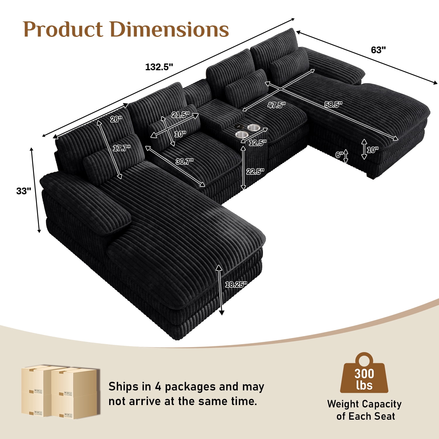 Wiilayok 133" U Shaped Cloud Couch Modular Sectional Couches for Living Room Comfy Corduroy Deep Seat Sofa Set with Double Chaise Lounge, Storage Central Console, Cup Holders, USB Port, Black