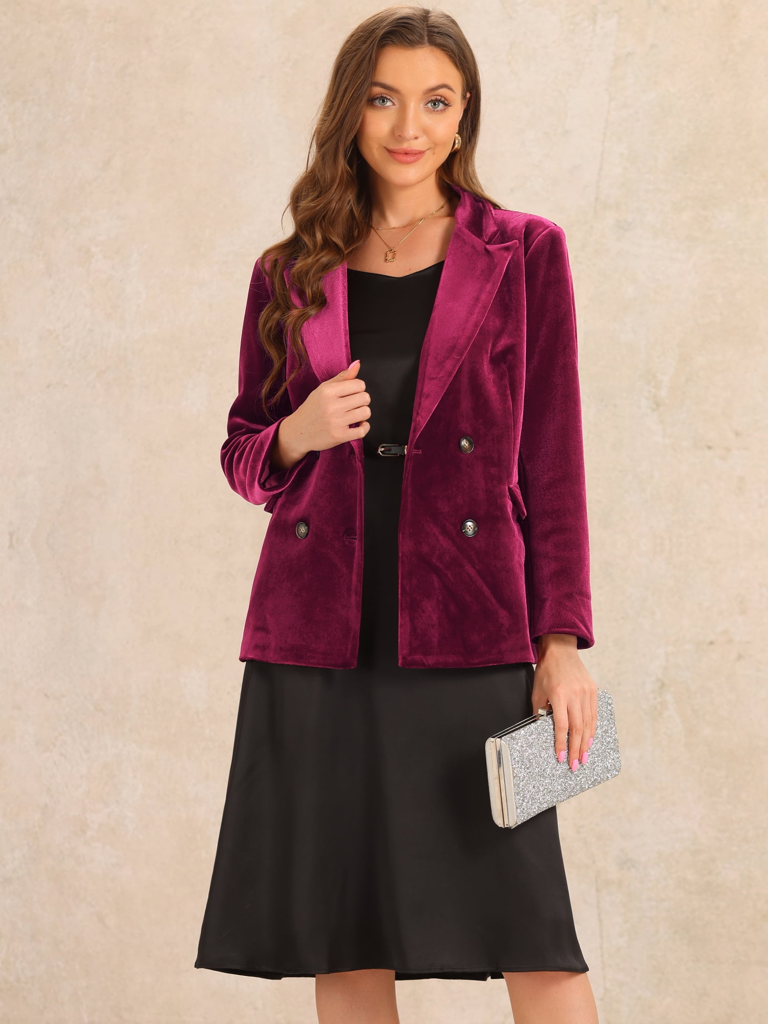 DARING DIVA Women's Velvet Notched Lapel Double Breasted Blazer Jacket XS Dark Red