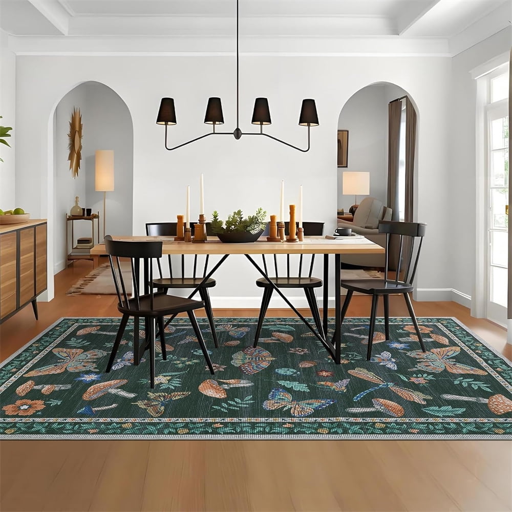 Washable Runner Rug Modern Insect Floral Print Area Rug Mushroom Carpet for Kitchen Stain Resistant Carpet with Non-Slip Backing Low Pile Floor Cover for Hallway Laundry Bedroom