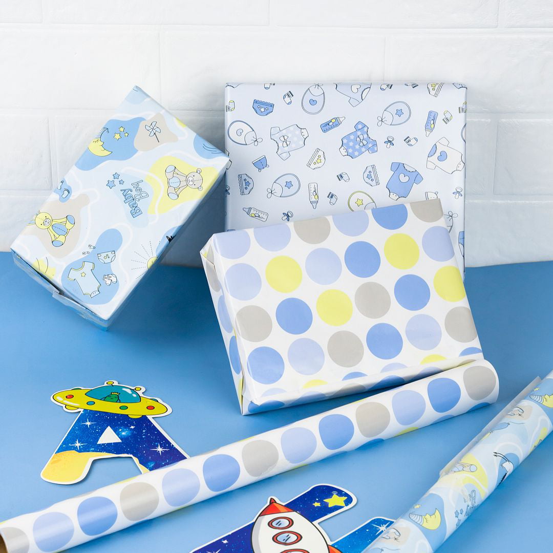 LeZakaa Baby Shower Wrapping Paper - Mini Roll - Bear/Balloon, Baby/Polak  Dot Print in Blue for Baby Boy - 17 x 120 inches - 3 Rolls 
