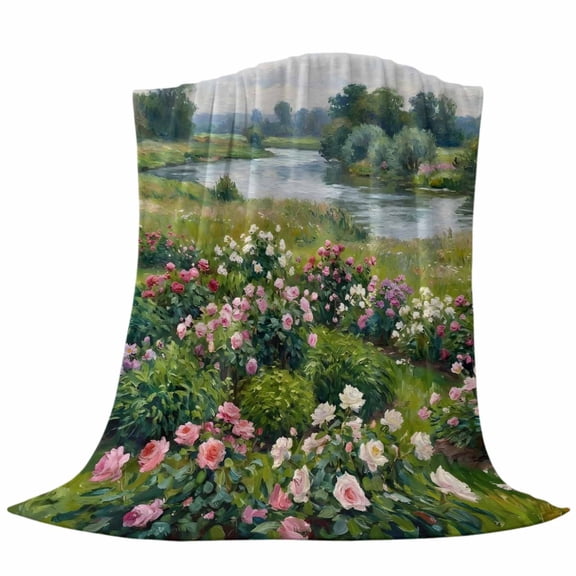 Blooming Flower Throw Flannel Blanket Summer Lush Green Meadow River Stream Farmhouse Super Soft Cozy Bed Blanket, Lightweight Plush Fuzzy Bed Throw for Bedroom Sofa Couch Living Room 60x80in