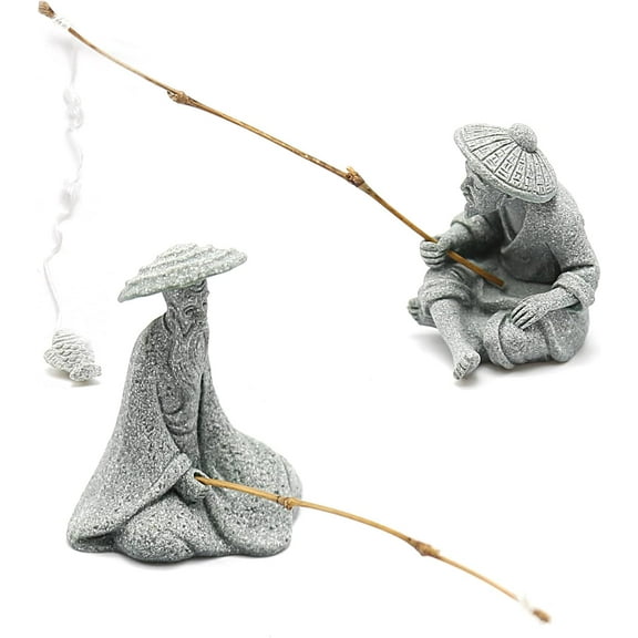 2PCS Mini Sitting Fishing Figurines Sandstone Vintage Ornament Japanese Decor for Fish Tank Pot Garden Home Aquarium Mini Fisherman Statue Asian Zen Decorations