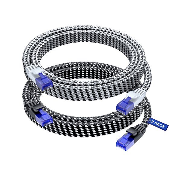 Cat 6 Ethernet Cable, 10 ft, 2 Pack Easy-Hide Flat Super-Durable Black and White Braided Network LAN Internet Cable/Cord