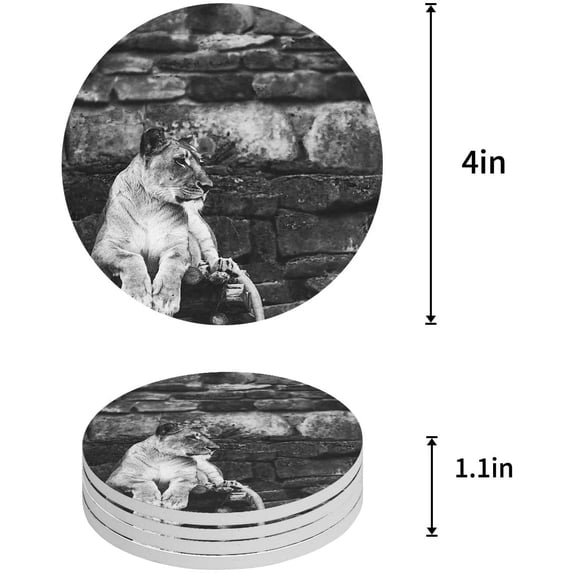 FMSHPON Lion Set of 6 Round Coaster for Drinks, Absorbent Ceramic Stone Coasters Cup Mat with Cork Base for Home Kitchen Room Coffee Table Bar Decor