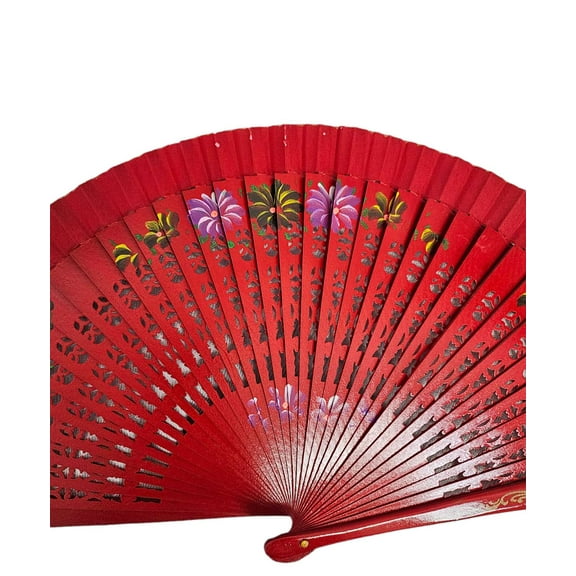 CL GIFT Floral Vintage Spanish Folding Fan Doubled-Side Flower Wood Fan for Wedding Party Decor/Dancing HandHeld Fan (Red)