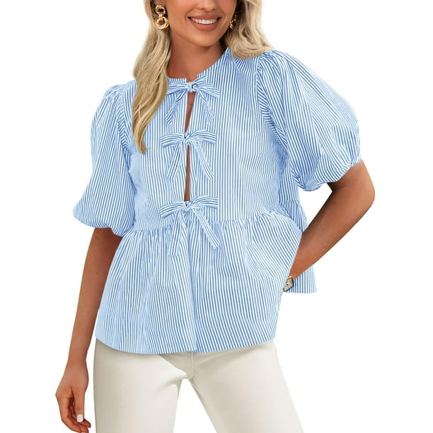 Blusa PRETTYGARDEN para mujer con lazo en la parte delantera a rayas 2025, azul claro