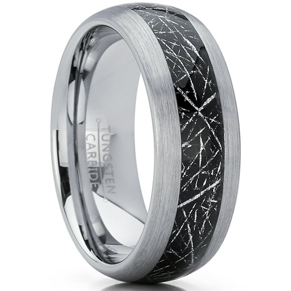 Men's Tungsten Carbide Wedding Band Ring with Imitated Meteorite Inlay, Dome Comfort Fit 8mm 9.5