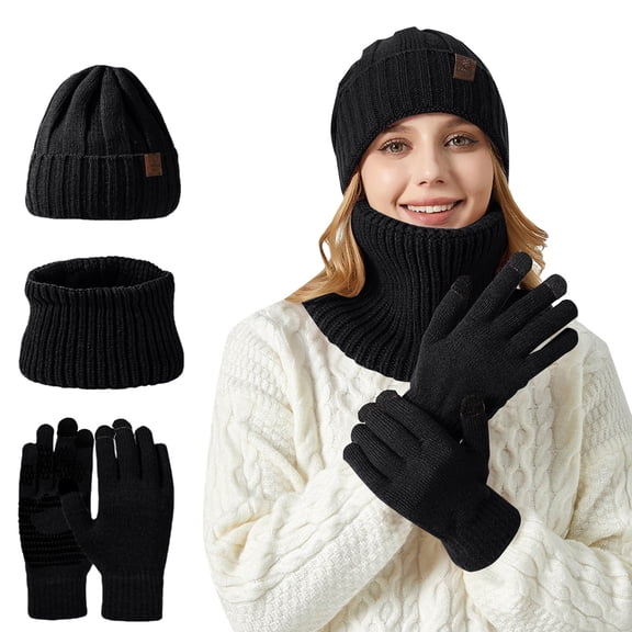 Outfmvch hat and gloves for women Winter Beanie Hat Scarf Gloves, Warm Fleece Knit Hat Long Scarf Neck Warmer Touch Screen Winter Gloves Set Gifts for Women hat and scarf set for women Black One Size