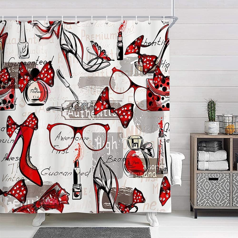 Fashion Make-Up High Heels Shower Curtain Bathroom Waterproof Fabric Hooks72X72" 