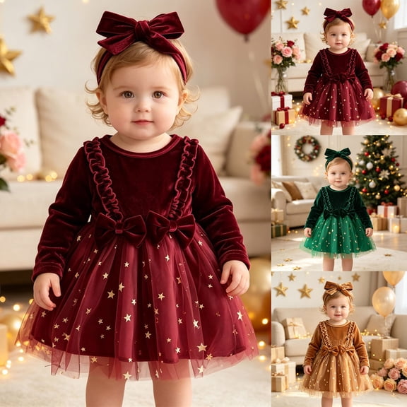 Baby Girls Long Sleeve Velvet Tulle Dress Set Star Print Skirt Ruffle Bow Detail with Matching Bow Headband