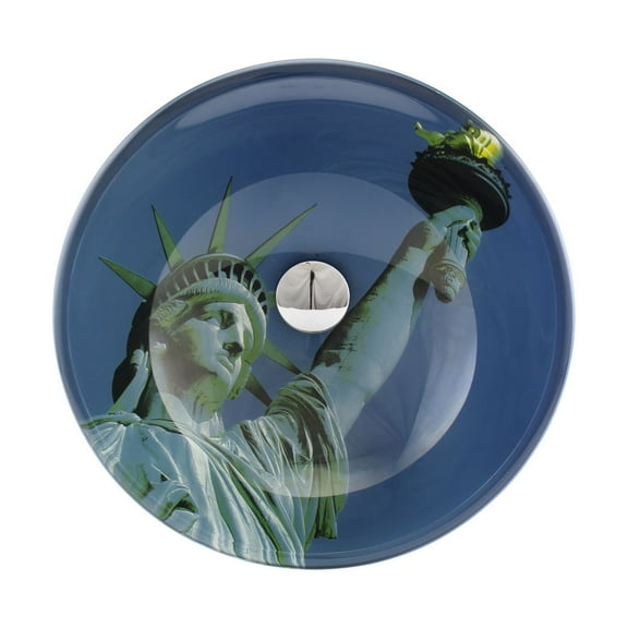 Renovator's Supply Liberty Blue Countertop Tempered Round Glass Finish Vessel Sink w/Brass Sink Drain Above Counter Sink