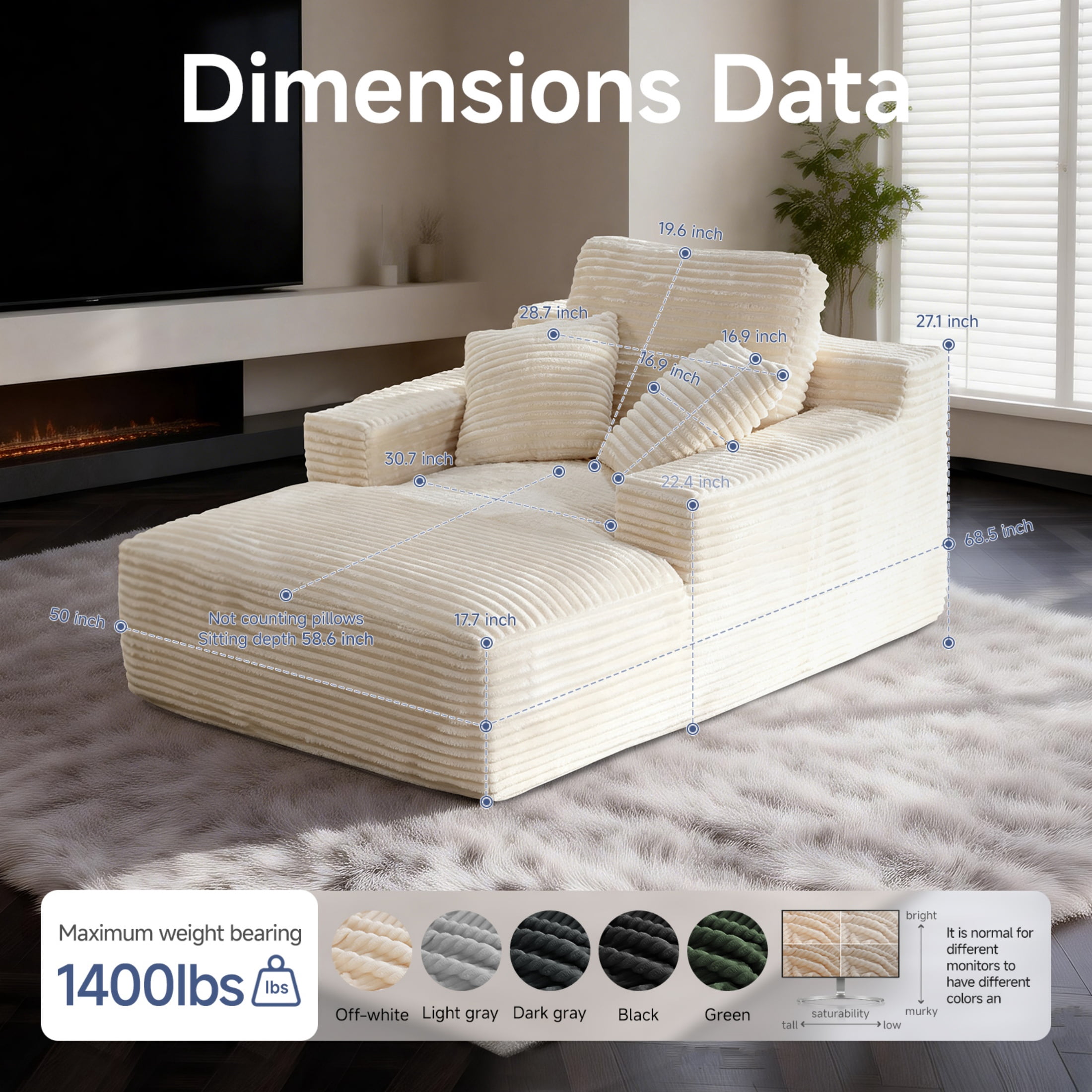 AISWORD 68.5'' Oversized Chaise Lounge Chair Indoor Corduroy Cloud Floor Sofa Bed No Assembly Required Deep Seat Boneless Couch with Pillows, Beige