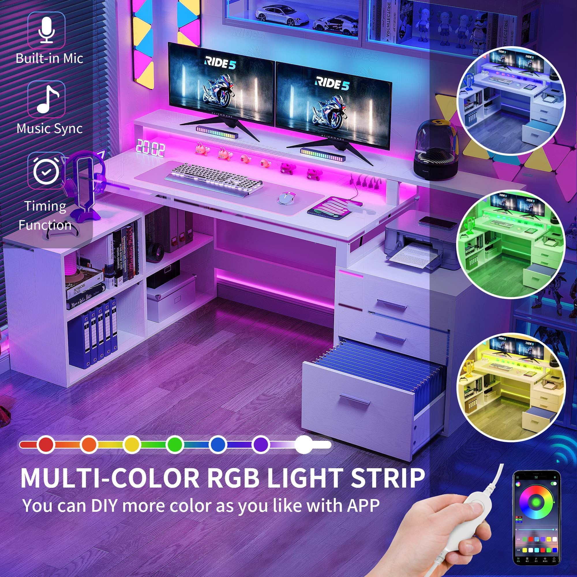 Uforic 65" L Shaped Desk with LED Light & File Cabinet, with 3 Drawers & 4 Open Storage Shelves, White