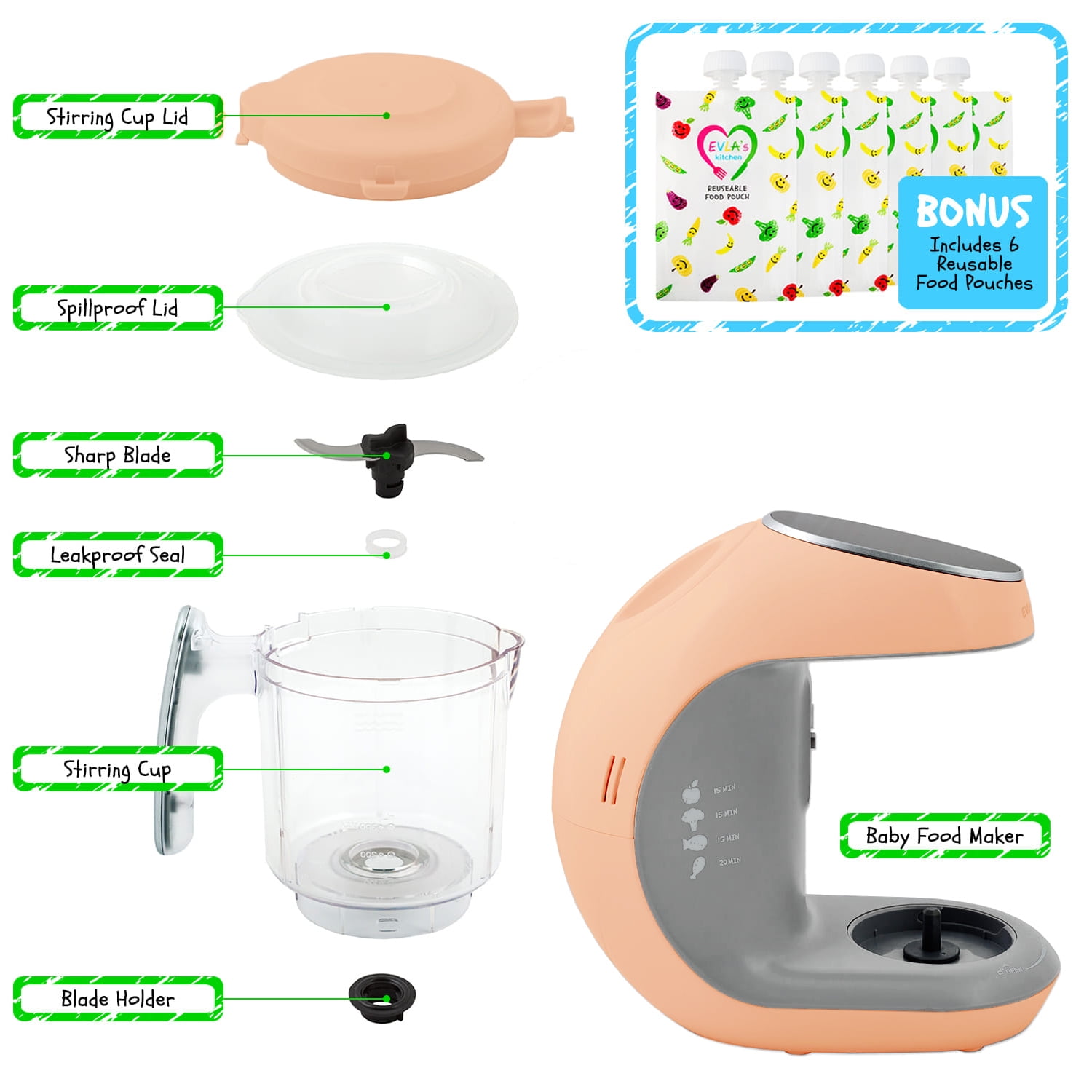 EVLA’s Baby Food Maker with Touch Screen and 6 Reusable Pouches, Peach