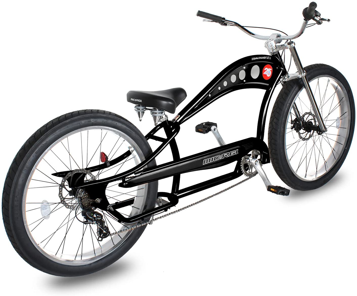 WonderWheels 26" Stretch Cruiser Shimano TX-35 7SP with Disc Brake (F&R) Moon-Type Handlebar, Alloy Polish Rims, 26x4.0 Black Tire - Black