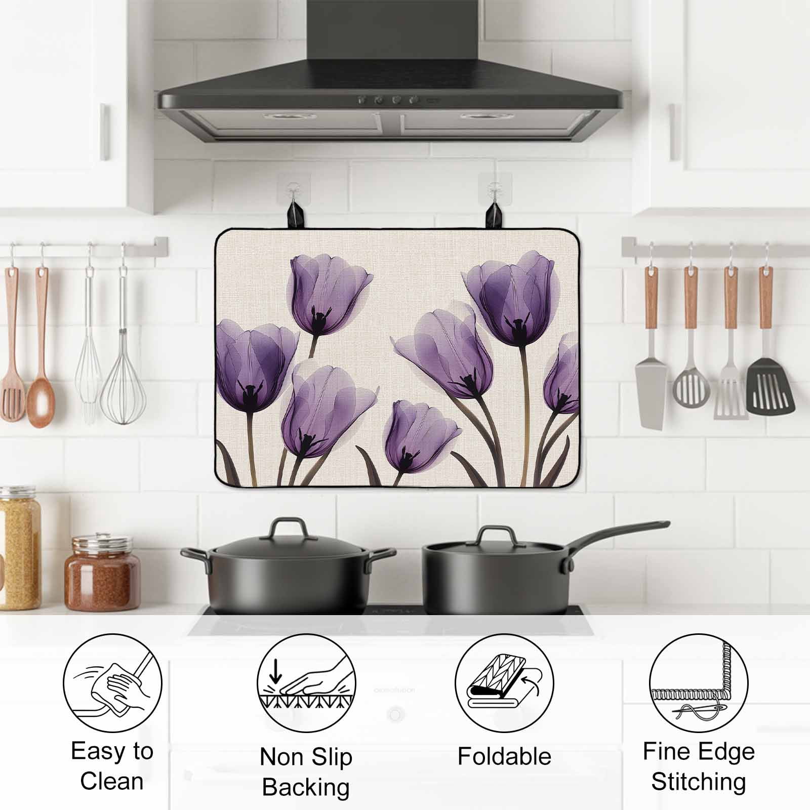 Purple Tulip Flower Stove Top Cover for Electric Stove, Heat-proof & Non Slip Glass Top Stove Cover Protector, Aesthetics Farmhouse Floral Plant Kitchen Flat Cooktop Rubber Mat 24x21 Inches
