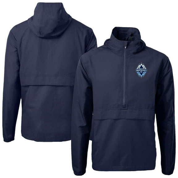 Men's-Cutter & Buck  Navy Vancouver Whitecaps FC Charter Eco Recycled Anorak Hooded Half-Zip Jacket