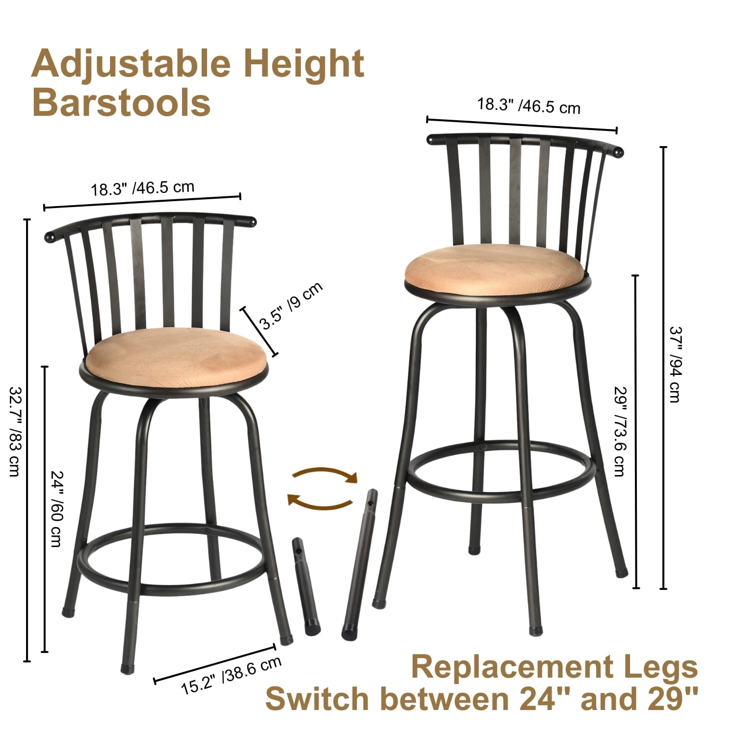 Homy Casa 3 Pack Bar Stools Swivel Adjustable 24/29 In Kitchen Island Chairs with Metal Frame, Brown
