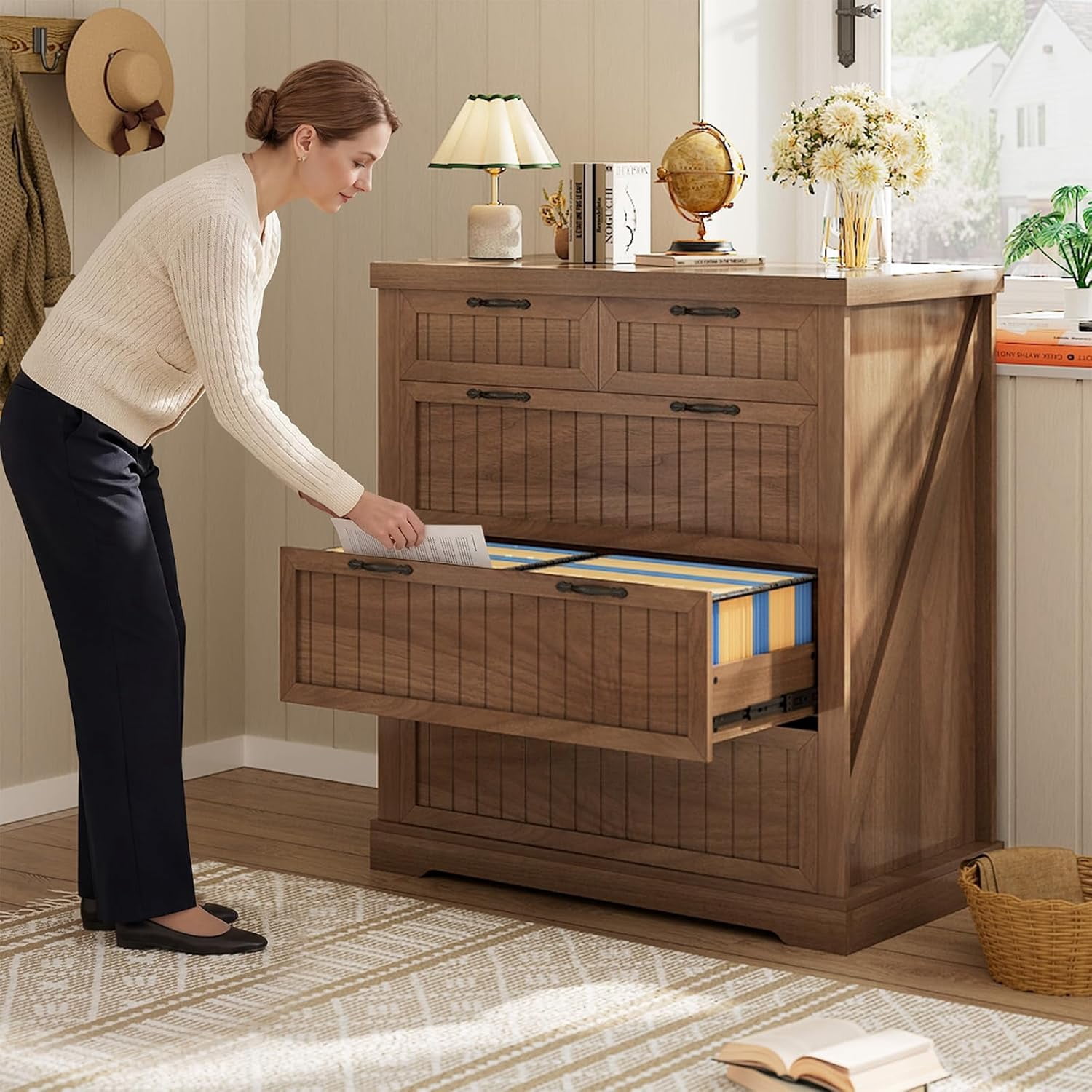SEDETA File Cabinet with 5 Wood Drawers, Farmhouse Filing Cabinet for Home Office, Wood Office File Cabinets for Letter/Legal/A4 Size, Lateral File Cabinets with Printer Stand, Brown