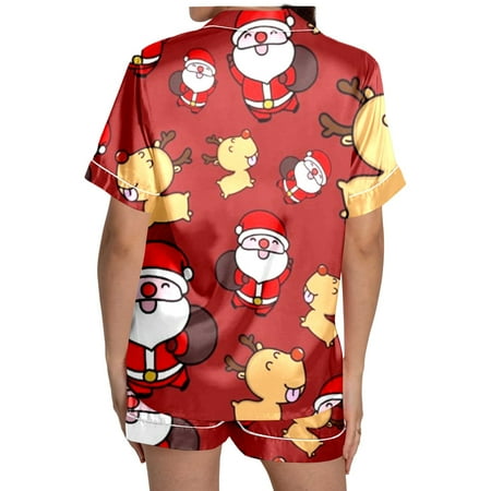 JIANJIA Womens Pajama Sets Christmas Santa Print Silk Satin Lapel Short Sleeve Tops With Shorts Sleepwear Nightwear