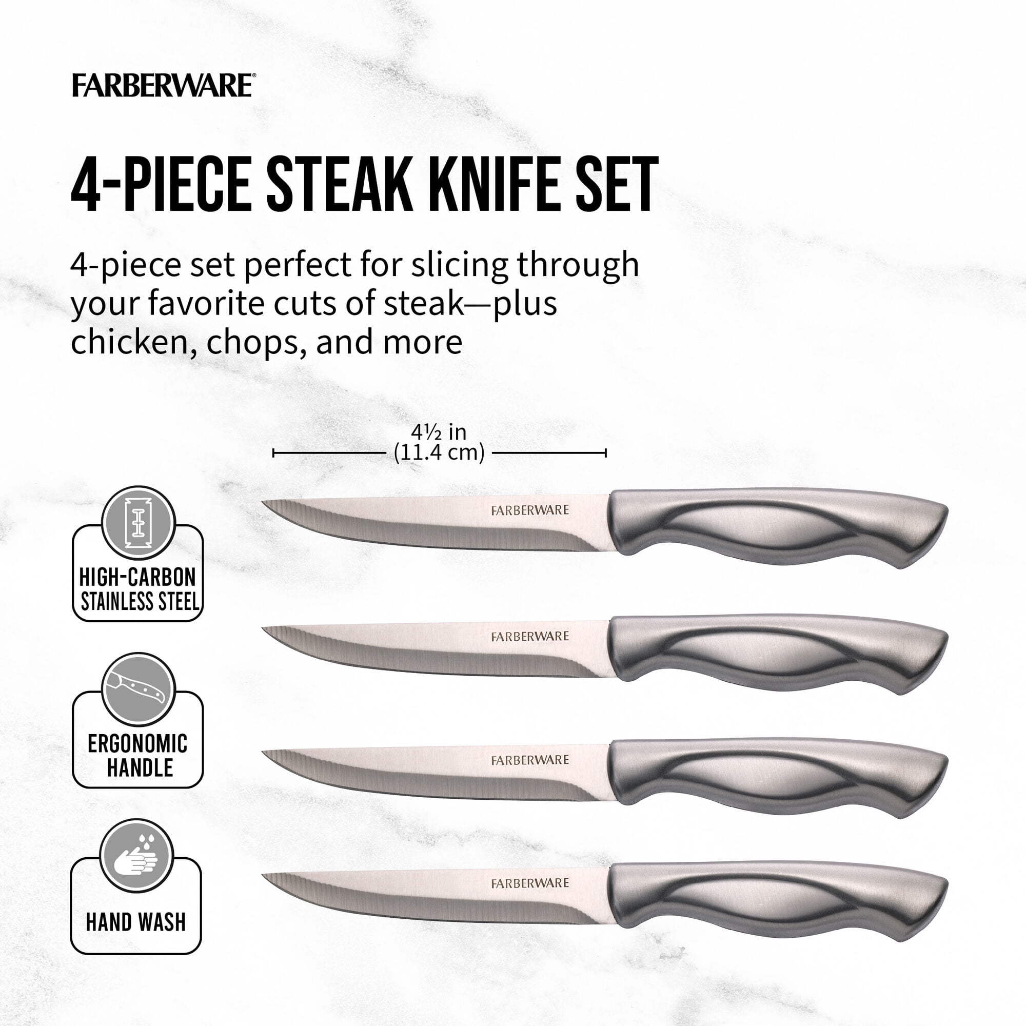 Farberware Classic 4-Piece Stainless Steel Steak Knife Set, Stainless Steel Handles