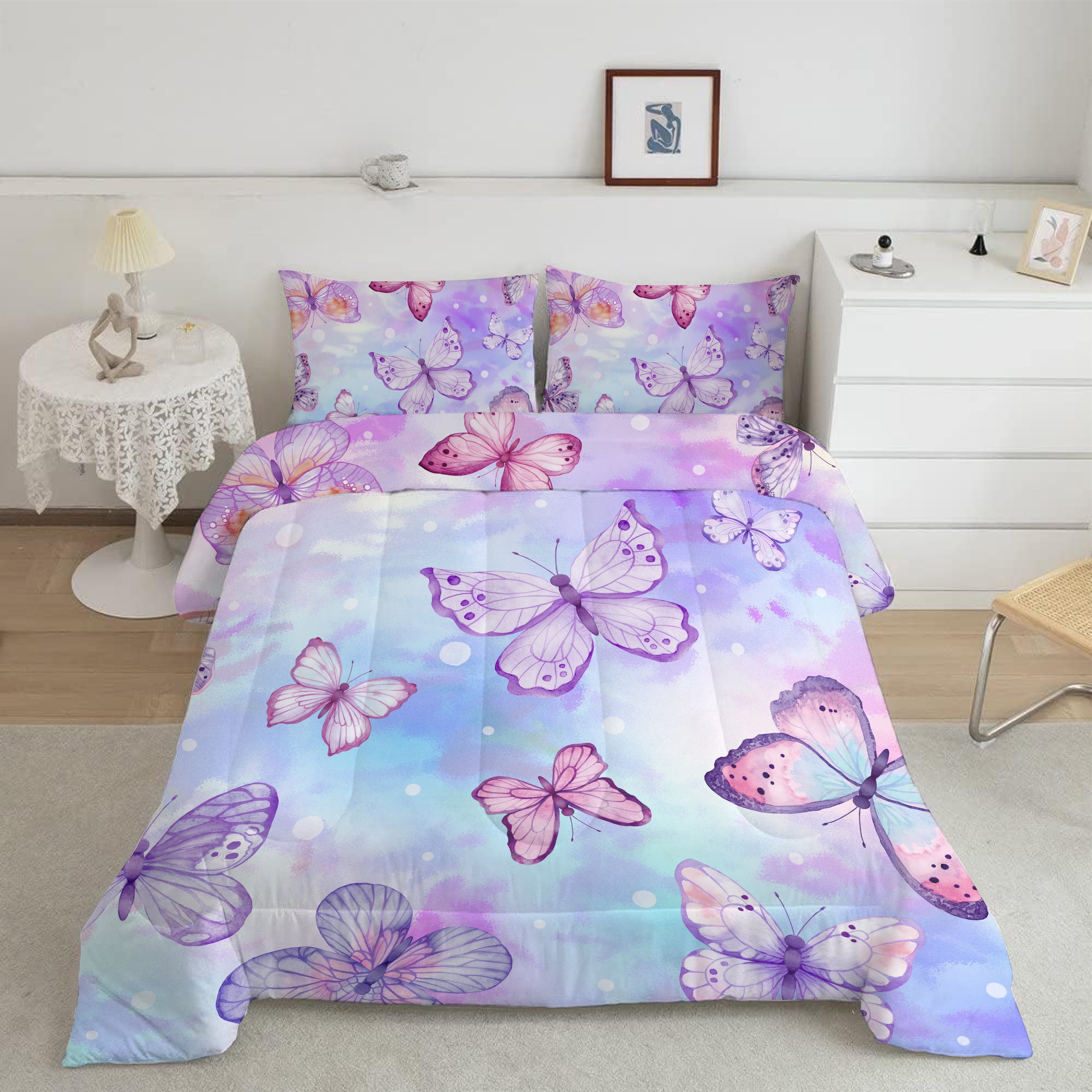 Psoiuetr Butterfly Comforter Set Full Size for Girls Kids Teens Blue Purple Tie Dye Bedding Set 3 Pieces