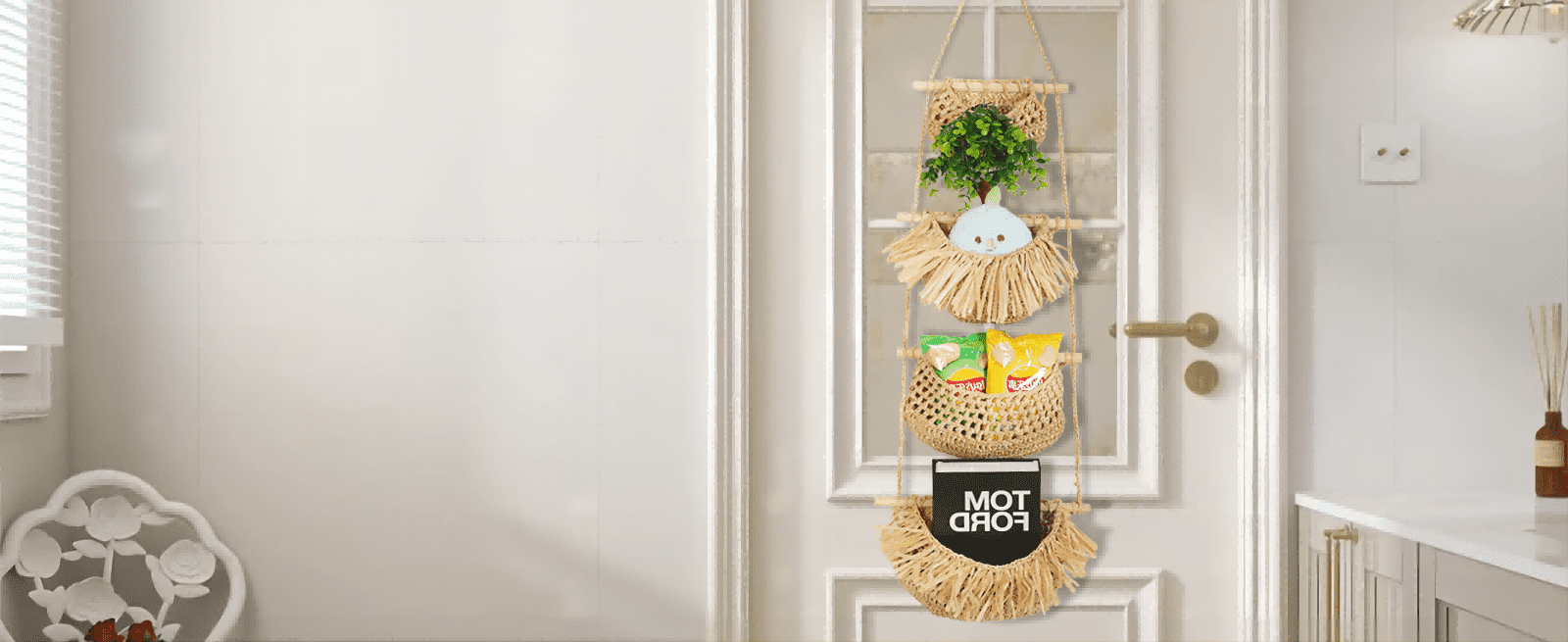 Hanging Fruit Basket, ZUEXT 4 Tier Over the Door Organizer, Handmade Woven Jute Wall Baskets for Organizing, BOHO Decor, Storage for Kitchen, Living & Bathroom Bedroom.