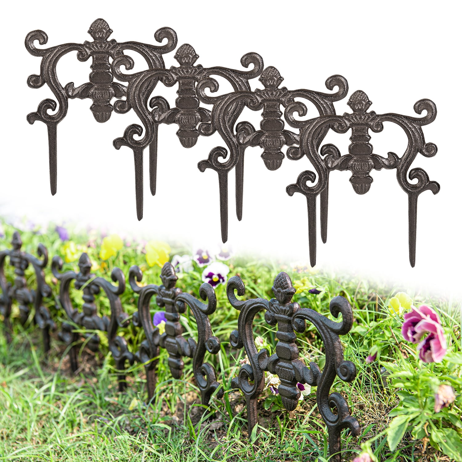 Sungmor 9.4 x 7.8 Inch Cast Iron Garden Border Edging, Drak Brown, 4 Count